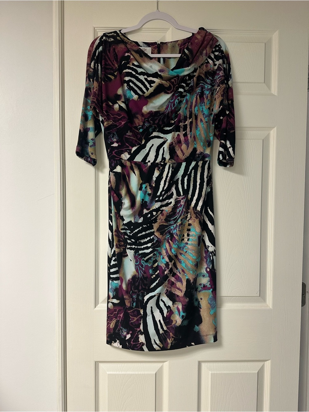 Abstract Zebra Print Cowl Neck Dress in Purple and Teal